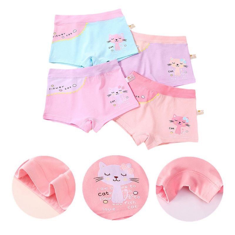 Quần Lót Boxer Cotton In Hình Mèo Hoạt Hình Cho Bé Gái