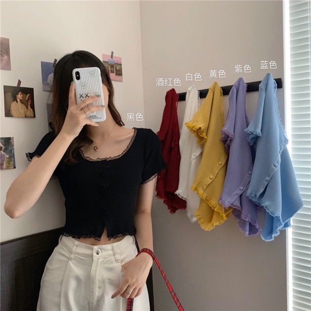 Áo len croptop cổ vuông cúc ngực viền ren 631-1 Ulzzang style 🌸 Hàng Quảng Châu