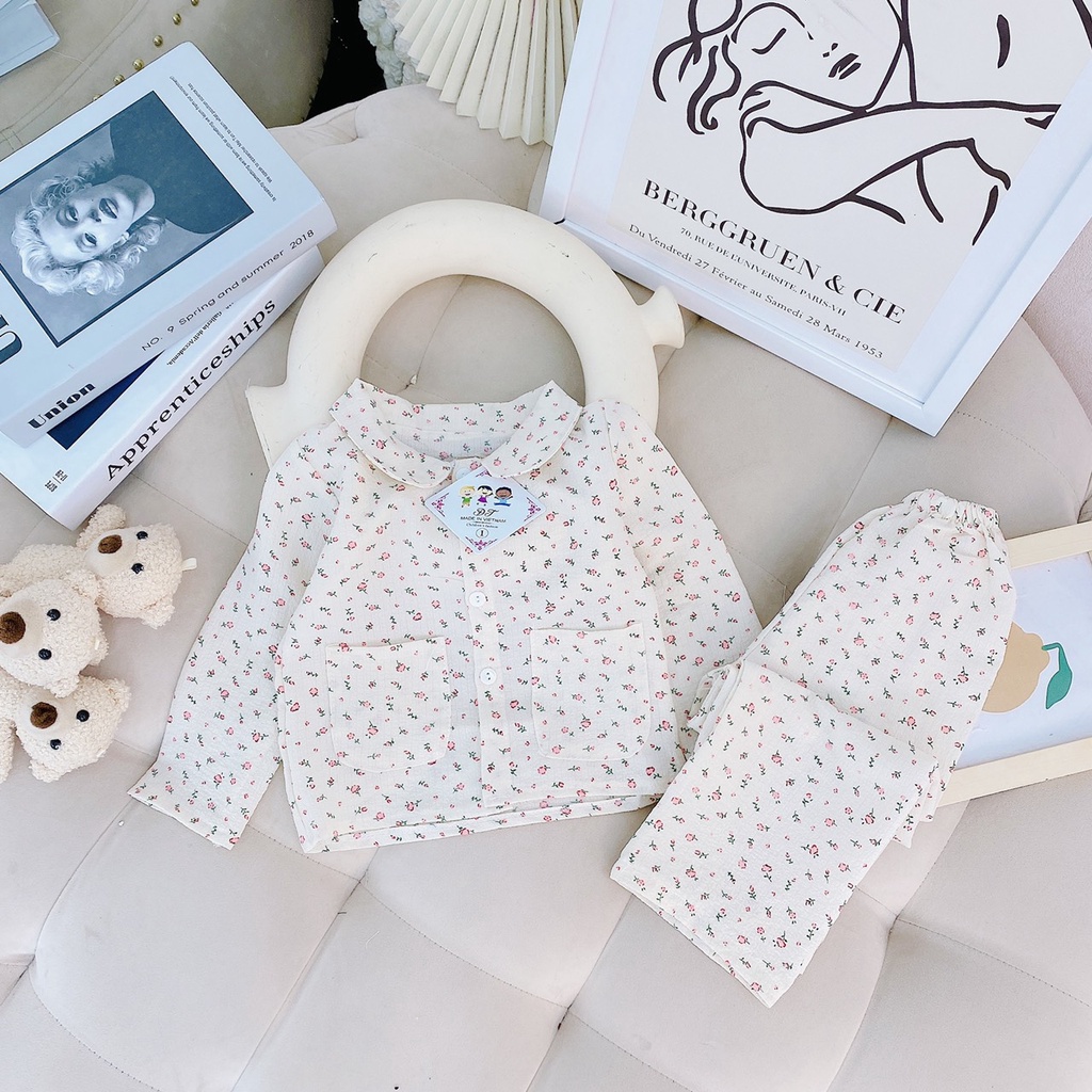 Pijama cho bé, bộ pijama cổ sen chất đũi xốp thấm hút mồ hôi cho bé gái