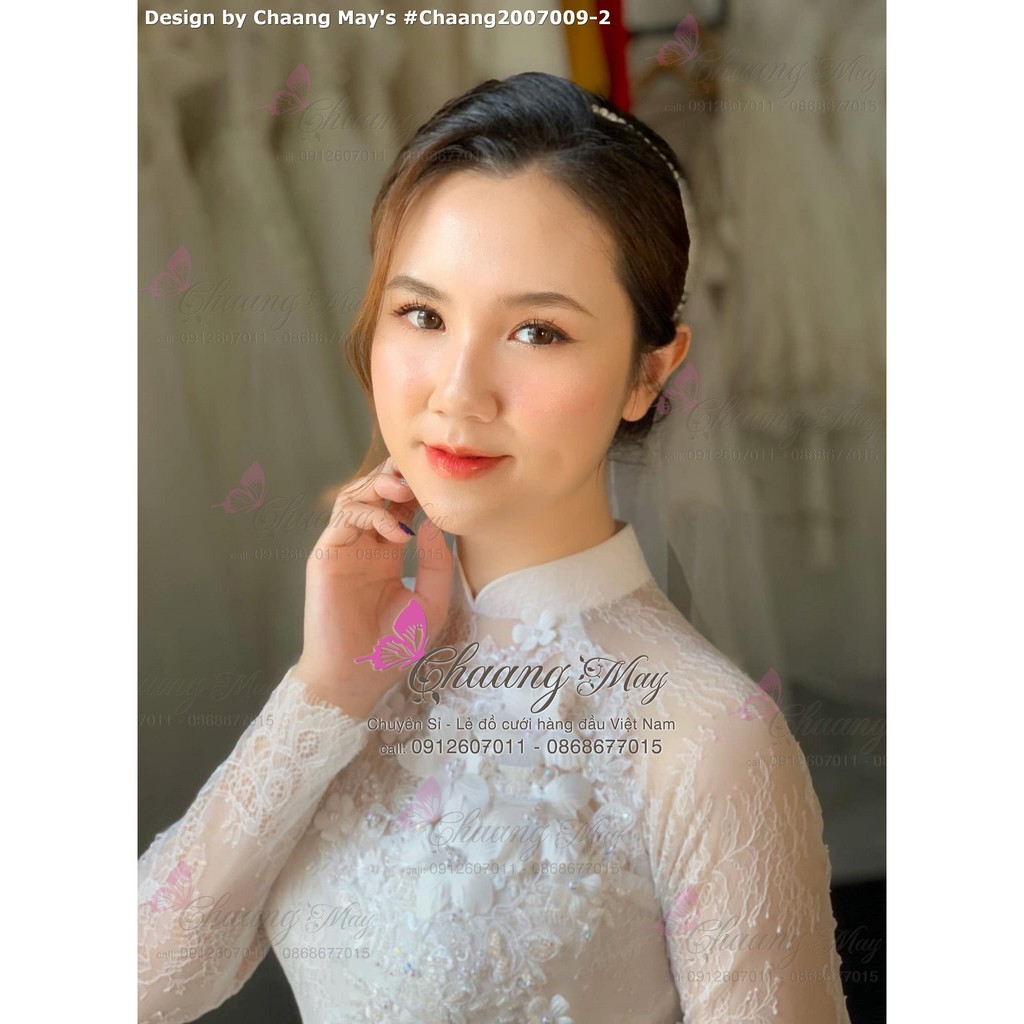Áo dài trắng cô dâu_Chaang_May áo dài cưới ren mi, đính hoa nổi và hạt pha lê ADC201