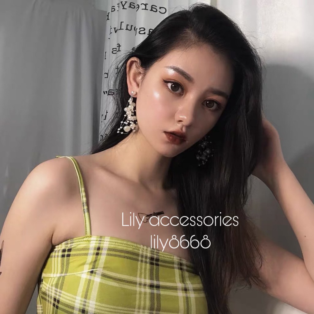 khuyên tai hoa tai ngọc trai nhân tạo tua rua dài phong cách Hàn Quốc sang chảnh