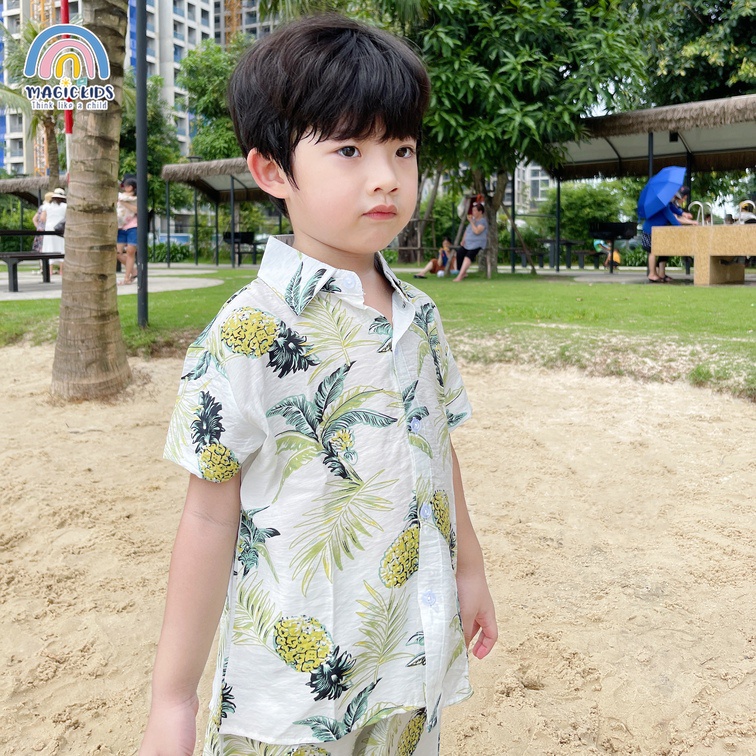 Đồ bộ đi biển bé trai bé gái 1 2 3 4 5 6 7 8 tuổi Magcikids Áo sơ mi quần đùi chất tơ đũi mềm mại Quần áo trẻ em BR22005