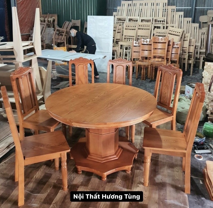 Bàn Ăn Tròn Gỗ Sồi (Vàng Hương & Óc Chó - Có Bọc Nệm Da/ Nỉ - Mặt Đá - Nội Thất Hương Tùng - Cam Kết Giao Đúng Sản Phẩm.