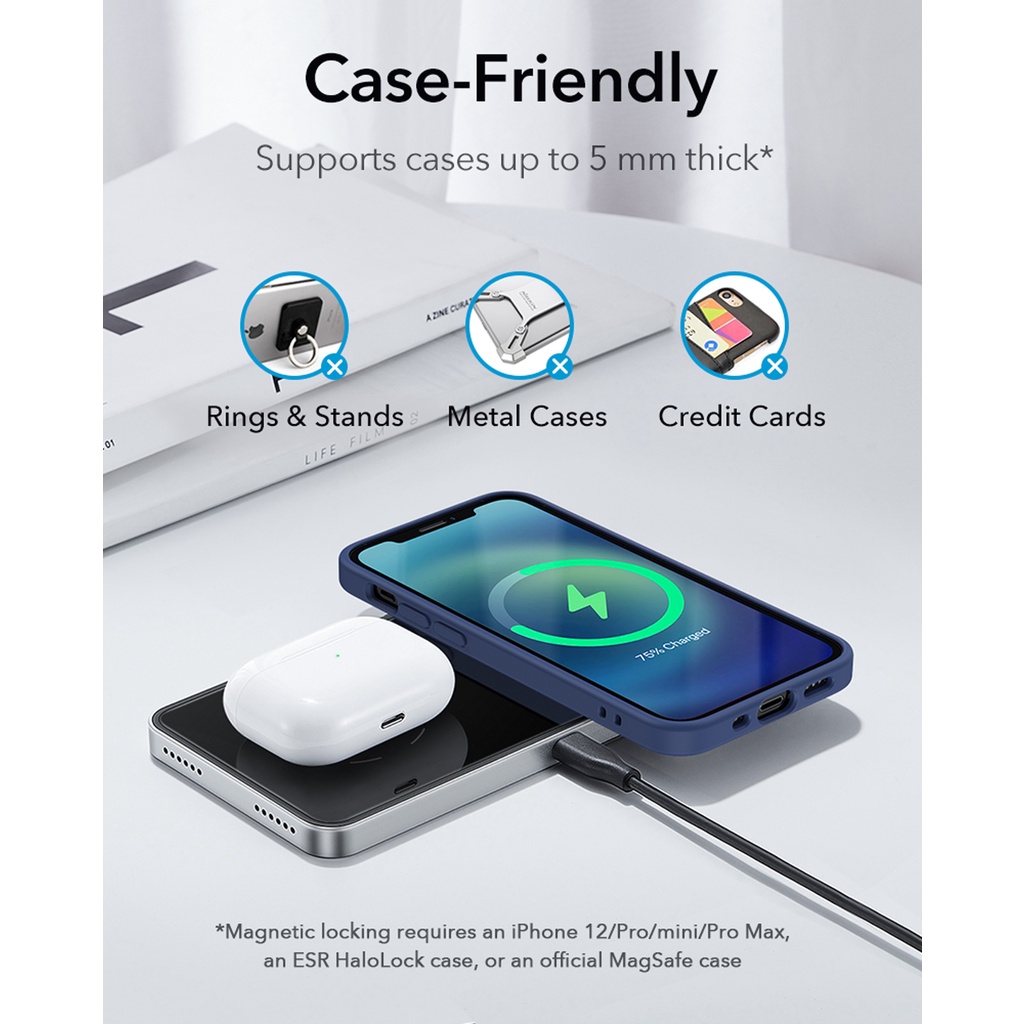 Đế sạc không dây nam châm 2 trong 1 ESR HaloLock cho iPhone 13/ 12 Và AirPods (Hỗ trợ MagSafe)