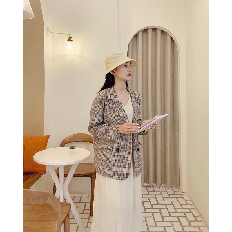 Áo blazer kẻ nâu nắp túi