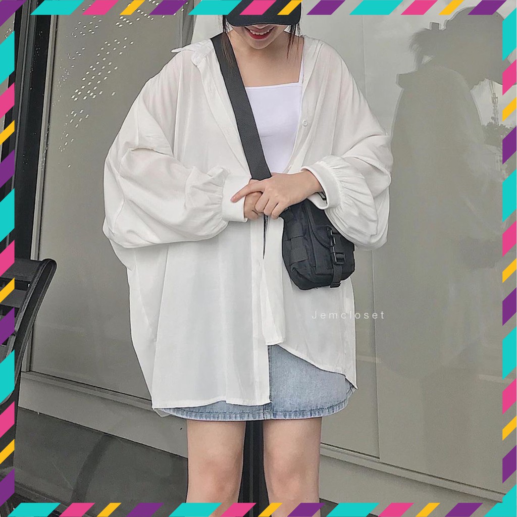Hàng Mới Siêu Hot - Áo Sơ Mi Trắng Tay Bồng Form Thụng Oversize - Áo Khoác Somi Dài Tay Nữ Trắng Đi Học Unisex