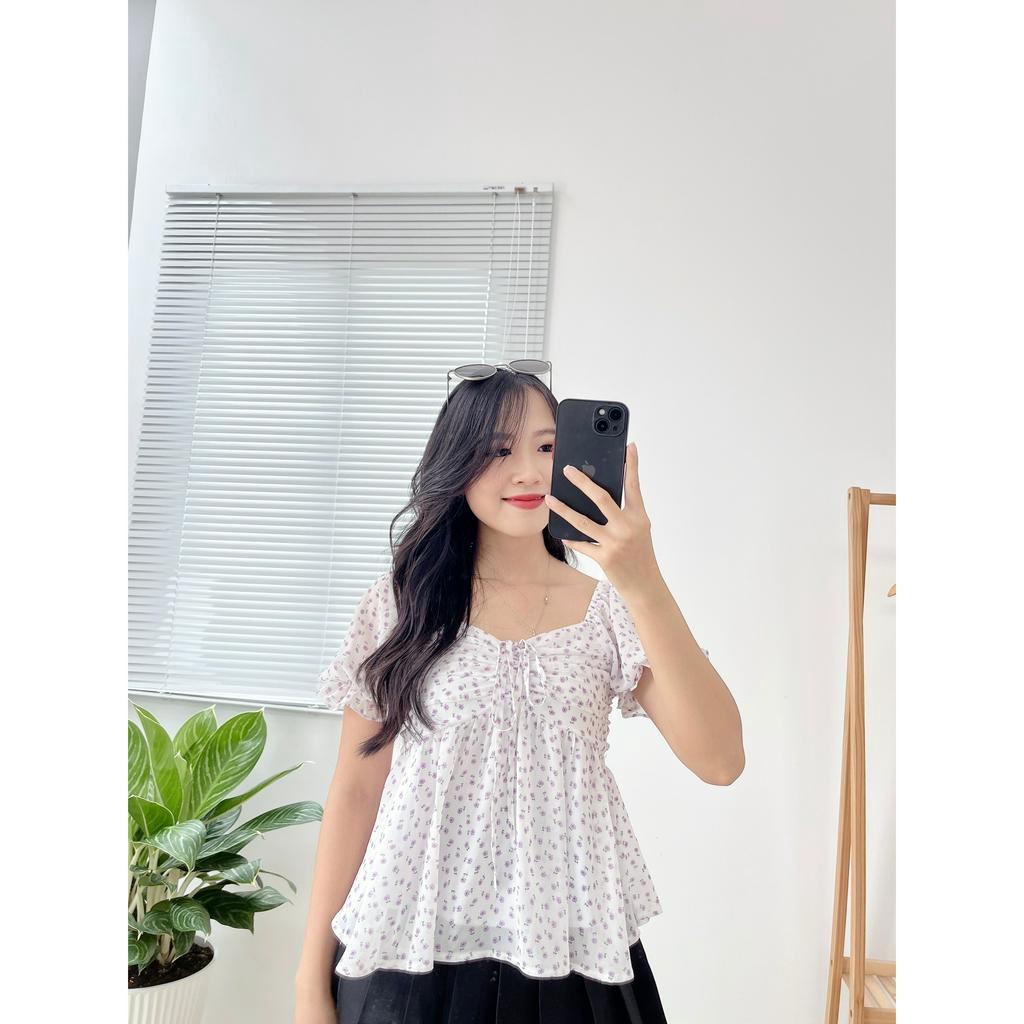 Áo Babydoll Trễ Vai Tay Phồng Hoa Nhí Tím A05