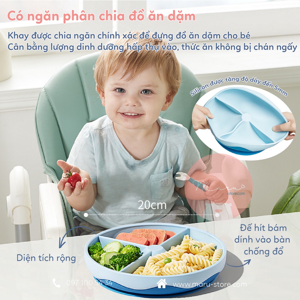 [Kèm muỗng nĩa KUB] Khay silicon cho bé ăn dặm 3 ngăn đế hít chống đổ KUB