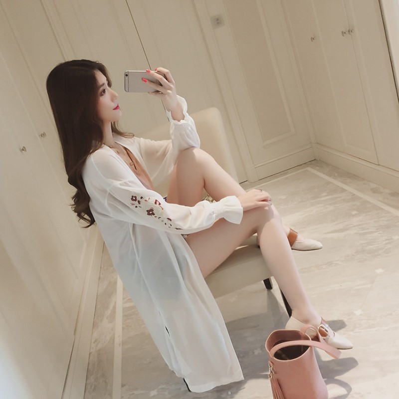 Áo Chiffon Dài Tay Thêu Hoa Phong Cách Hàn Quốc Cho Nữ