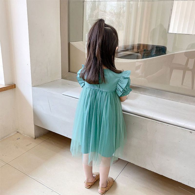 Đầm Công Chúa Tay Ngắn Phối Lưới Màu Trơn Thời Trang Mùa Hè Se7en Cho Bé Gái