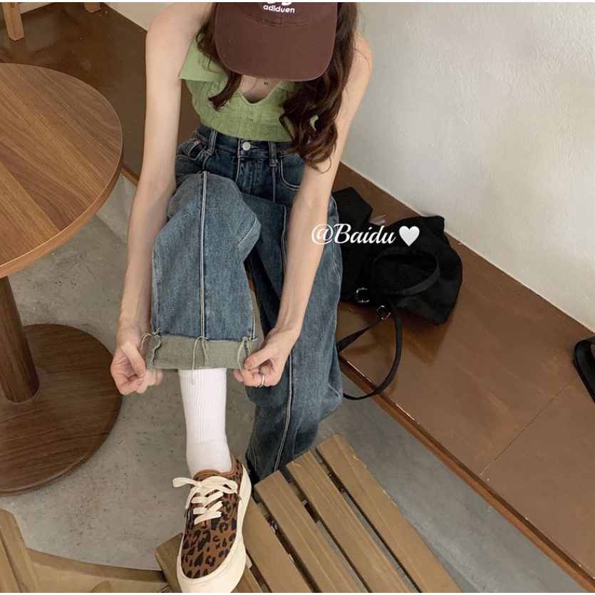 Quần Denim | Quần Denim Jeans Nữ Cạp Cao Dáng Dài Thiết Kế Xắn Gấu Chất Jeans Dày Dặn Hàn Quốc