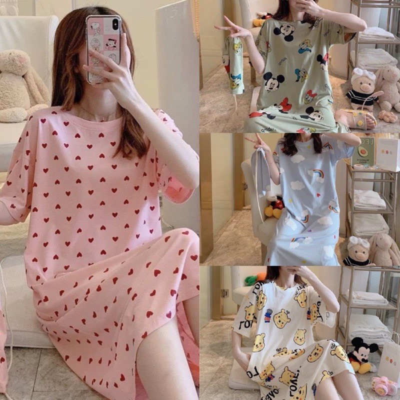 VÁY NGỦ, VÁY COTTON MẶC NHÀ HÌNH THÚ CUTE THAY THẾ BỘ PIJAMA, ĐỒ BỘ