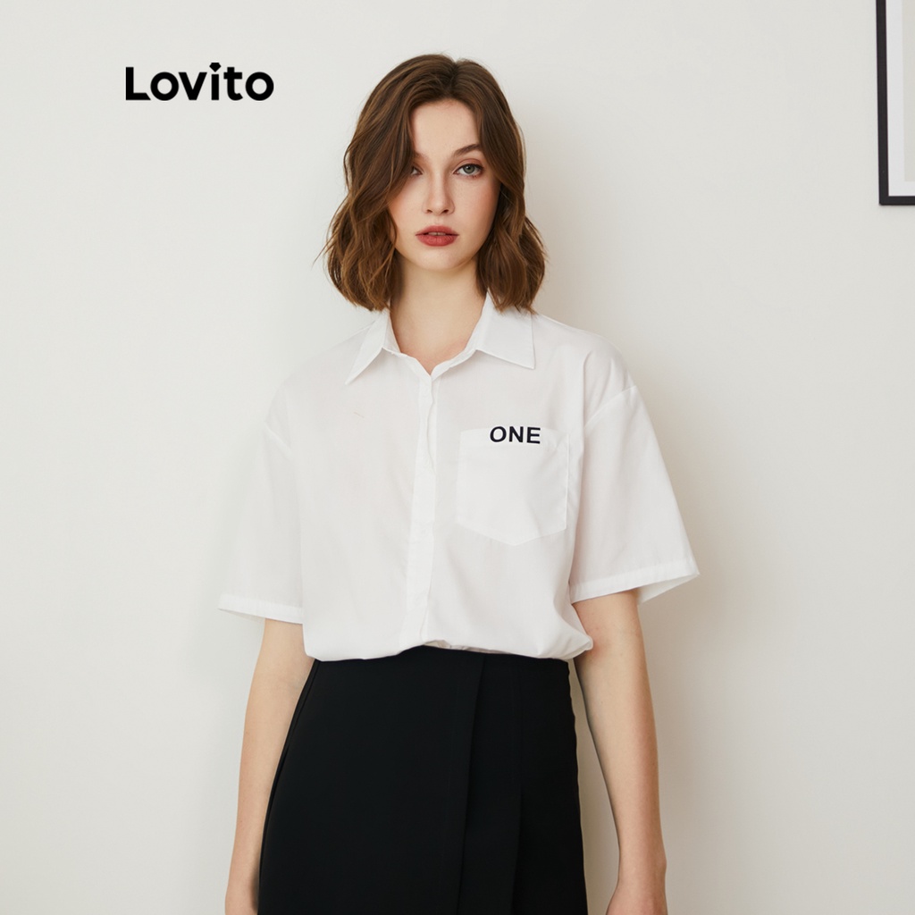 Áo sơ mi Lovito Casual Letter Print Collar Button Pocket L22AD143 (Trắng)