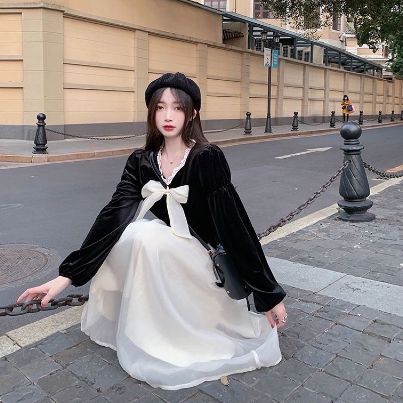 Áo nhung đen liền váy voan xoè tiểu thư cổ nơ ulzzang tay phồng