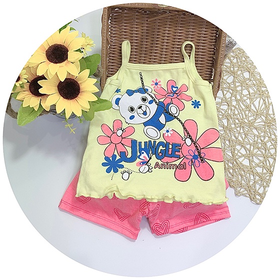 Bộ đồ hai dây thun cotton Hè cho bé gái 8-18kg hoạ tiết hoạt hình ngộ ngĩnh dễ thương phong cách đáng yêu