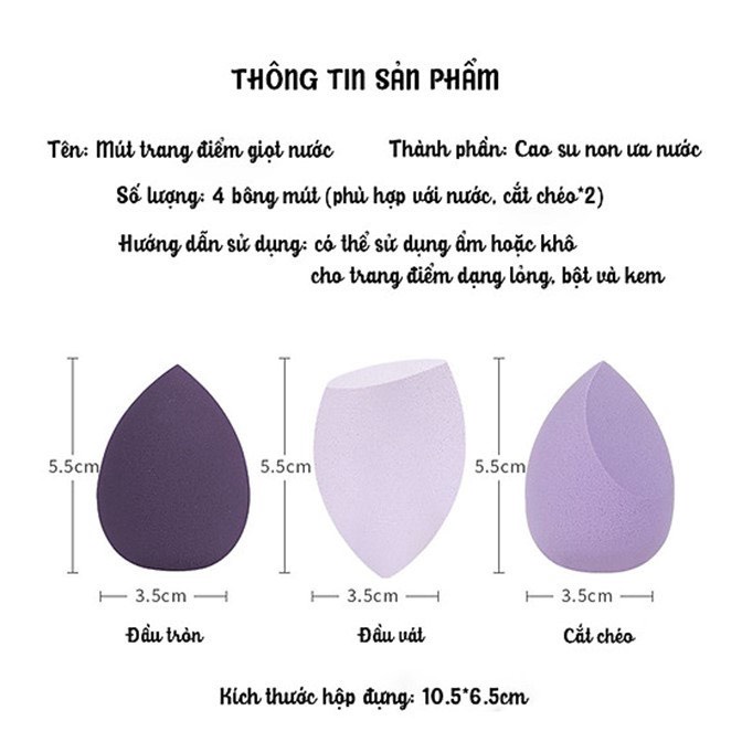 Set Hộp 4 Mút Tán Kem Nền Trang Điểm Khô Và Ướt Hình Quả Đào