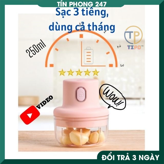 Máy Xay MIni Đa Năng Sạc ĐIện Cổng USB Tiện Lợi Xay Hành, Tỏi, Gia Vị, Rau Củ 250ml