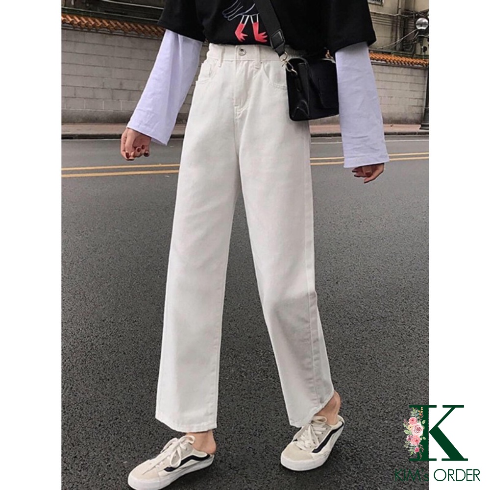 Quần jeans ống suông nữ màu đen trắng basic trơn cạp cao Ulzzang phong cách Hàn Quốc ống đứng đi học đi làm đi chơi