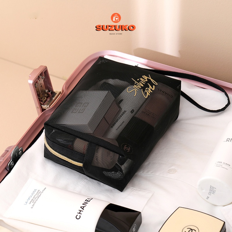 Túi đựng đồ trang điểm mỹ phẩm du lịch, makeup skincare cá nhân mini lưới trong suốt MY01