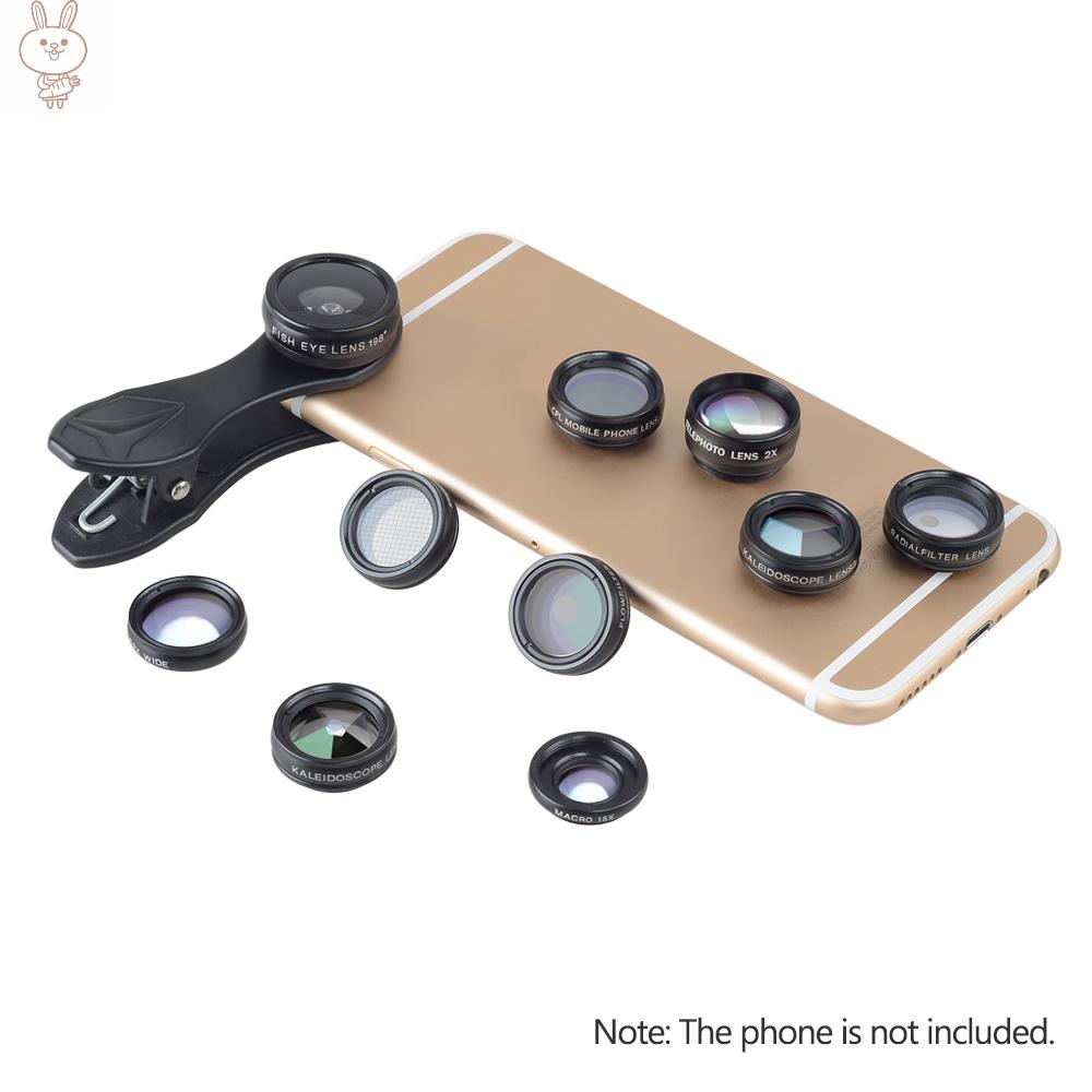 Only♥APEXEL 10 in 1 Phone Camera Lens Kit with 0.63X Wide Angle + 15X Macro + 198°Fisheye + 2X Telephoto + CPL + Star Filter + Radial Filter + Flow Filter + Kaleidoscope 3 + Kaleidoscope 6 Compatible with Android 