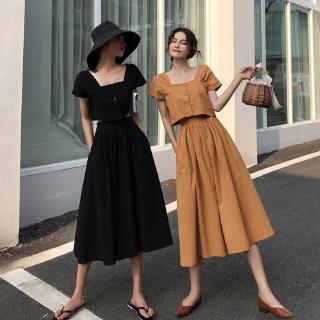Korean version loose short sleeve top + casual versatile thin A-word dress 2 sets for girls