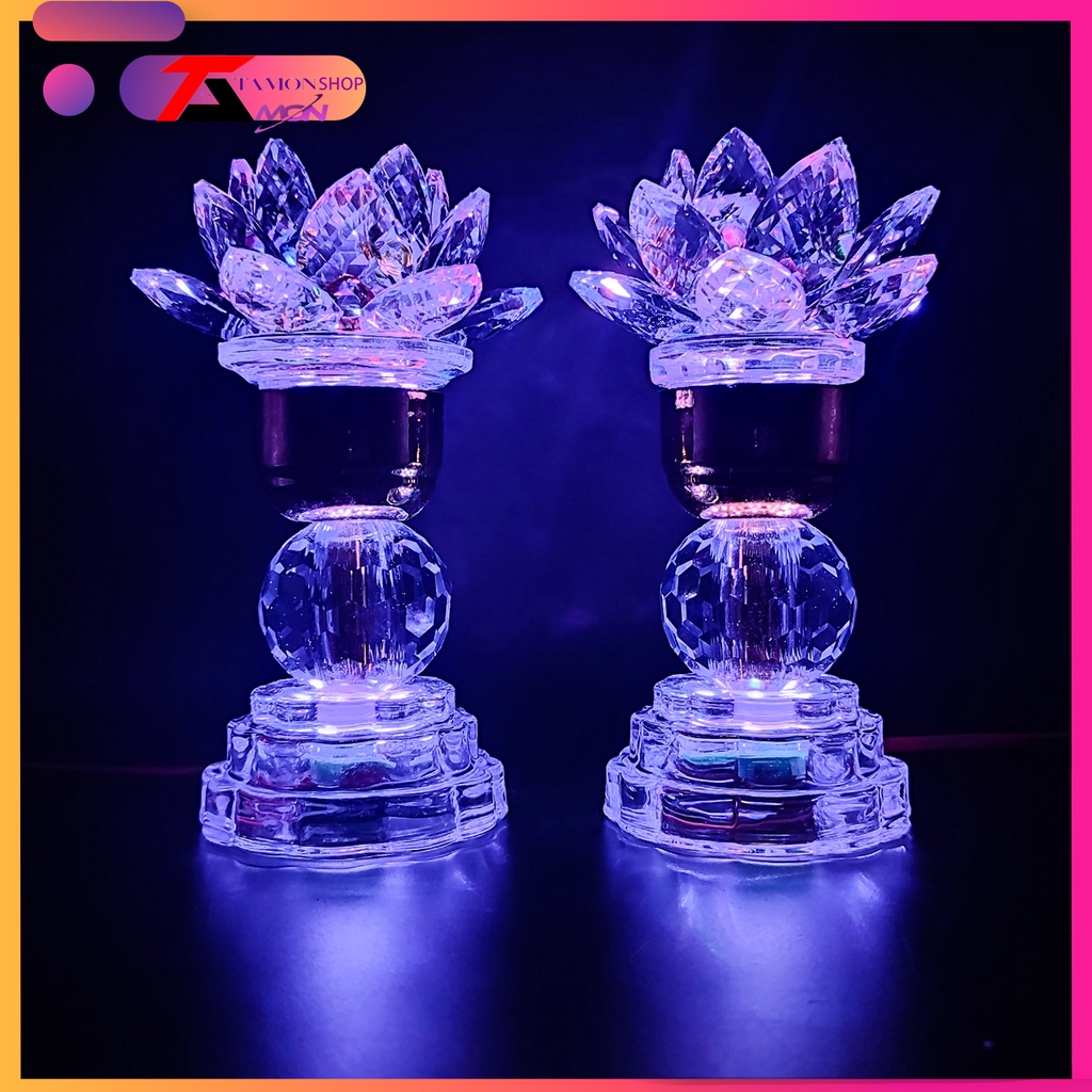 Cặp đèn thờ pha lê hoa sen sáng từ chân đến ngọn đèn, Đèn trang trí tủ thờ quan âm, Phật Tổ, Tam Ba vị Thánh