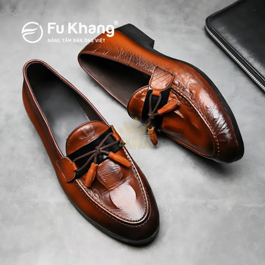 Giày nam da bò dập vân cá sấu cao cấp nơ chuông thời trang chính hãng Fu Khang màu đen và nâu GD44