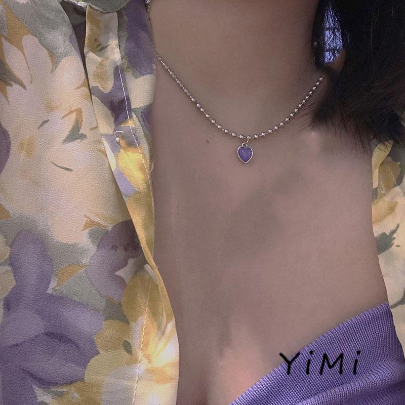 Vòng cổ chuỗi hạt mặt hình trái tim màu tím phong cách Hàn Quốc dễ thương cho nữ