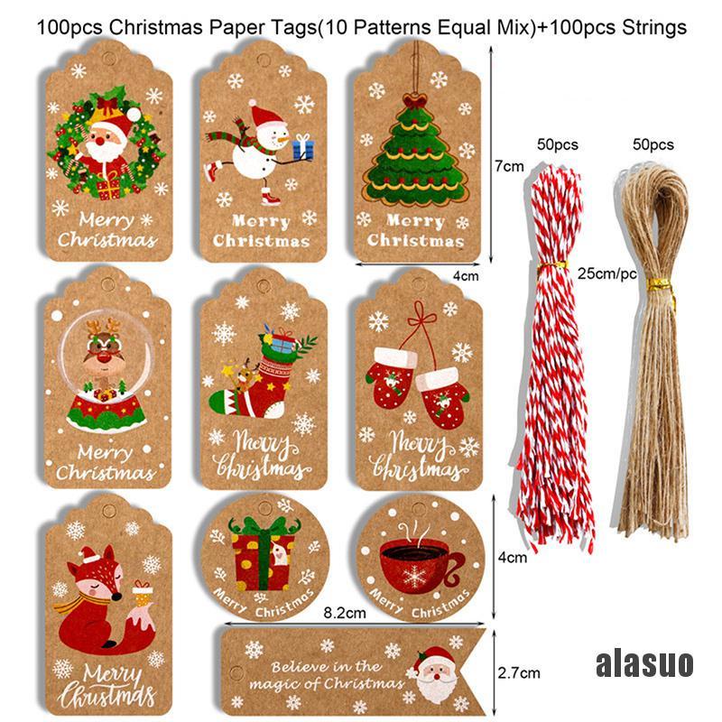 Bộ 100 thẻ giấy in chữ Merry Christmas có dây treo trang trí giáng sinh