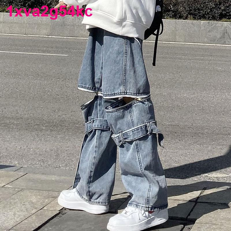 Spring and summer zipper detachable jeans men s women straight loose Torre pants ins high street functional wind shorts