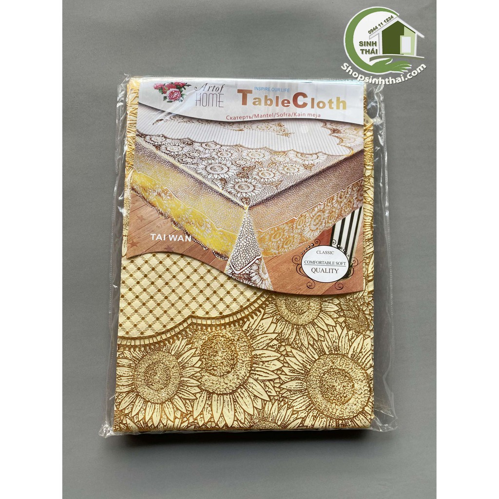 Tấm khăn trải bàn chữ nhật lớn 150cm x 225cm - ren hoa vàng bằng nhựa họa tiết nổi không thấm nước -hoa văn ngẫu nhiên