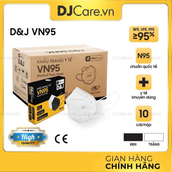 Thùng 50 hộp Khẩu Trang Y Tế 4 Lớp VN95 - D&amp;J GROUP - Trắng/Đen - 10 Cái/Hộp