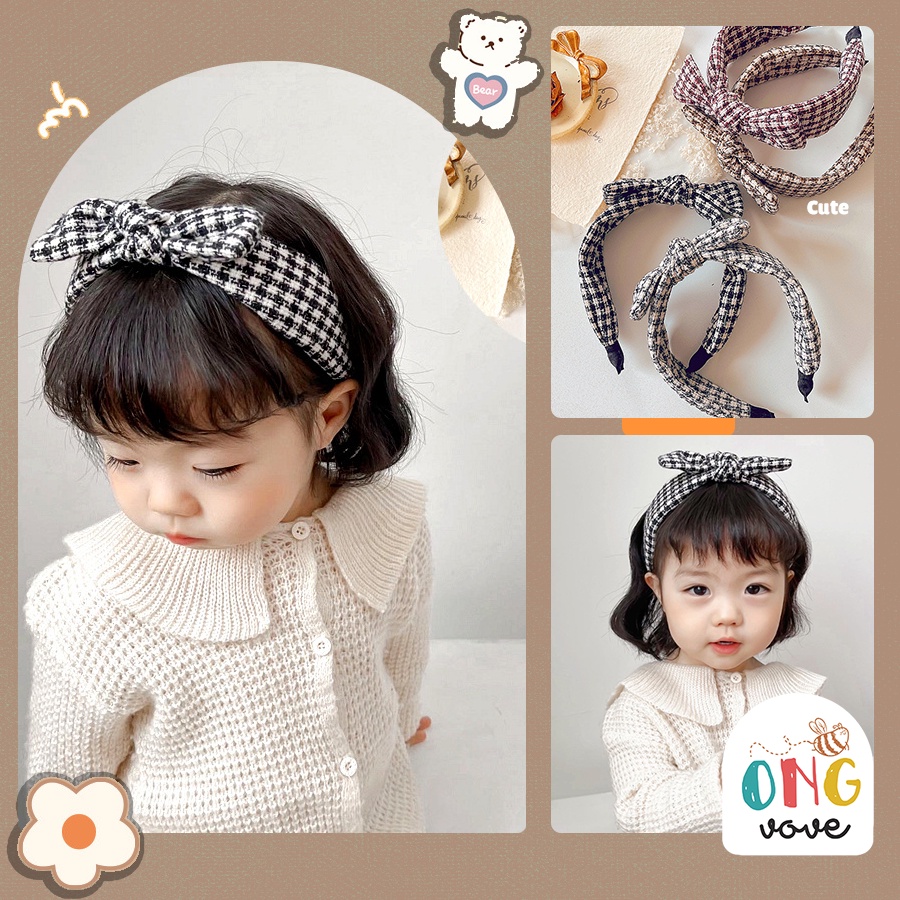 Bờm Tóc Nơ Kẻ dạ Cho Bé Đính Họa Tiết đính nơ Phong Cách Công Chúa Hàn Quốc, băng đô caro kẻ các màu cho bé BCR2