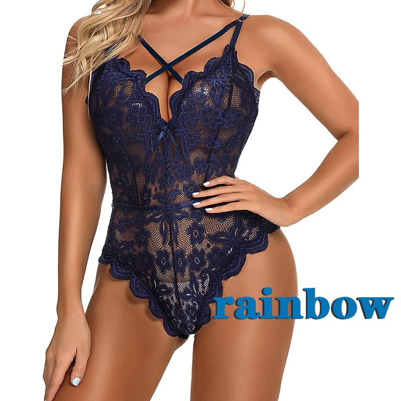 Bộ áo liền quần hở lưng viền ren xuyên thấu màu đỏ/đen/xanh navy đậm gợi cảm cho nữ | BigBuy360 - bigbuy360.vn