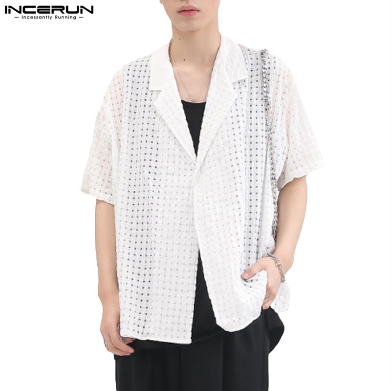 Áo sơ mi INCERUN ngắn tay dáng rộng họa tiết sọc caro phong cách Hàn Quốc cho nam