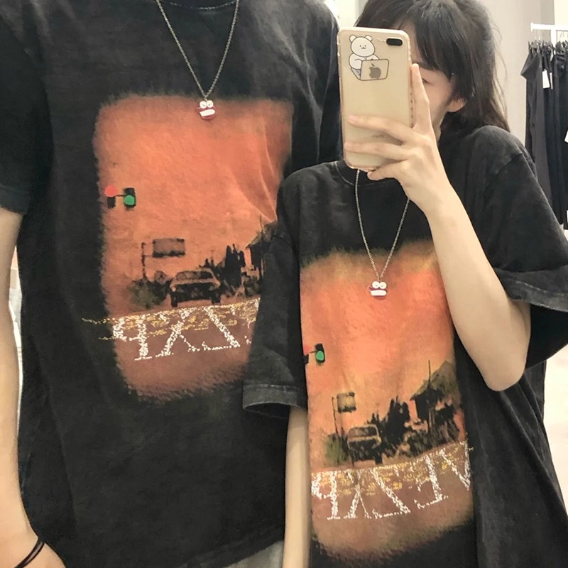 IELGY Áo thun vải cotton dáng rộng tay ngắn phong cách retro thời trang cho nữ