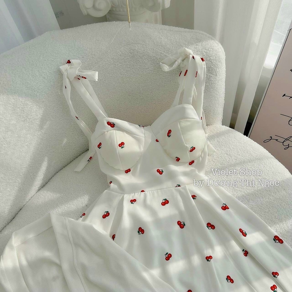 Đầm 2 Dây Thắc Dây Vai Có Mút Ngực Họa Tiết Trái Cherry Kèm Áo Khoác Ngoài Sang Trọng