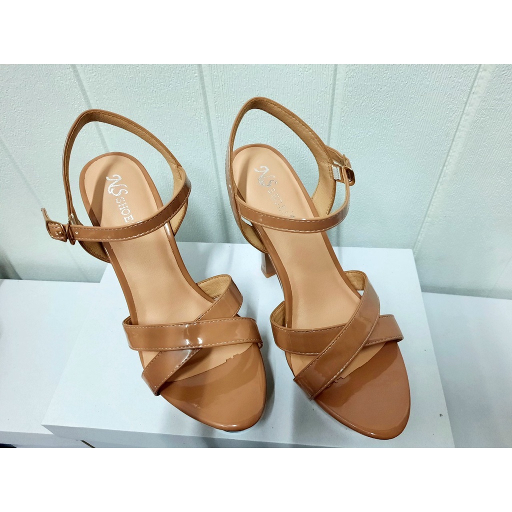 Giày cao gót quai chéo đế đúp thời trang, thanh lịch màu nâu Tây tôn da 13cm - NS2141