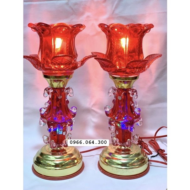 Đèn Thờ Cắm Điện Bông Pha Lê Thuỷ Tinh Cao 30cm