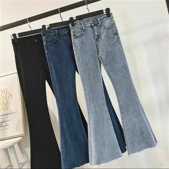 Quần jean nữ Choobe ống loe lưng cạp cao bò dáng skinny suông vải denim cao cấp co giãn màu xanh QJ05