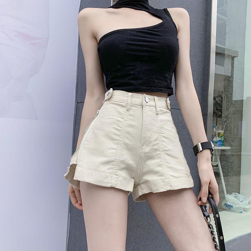 Quần short jean nữ màu đen be lưng cao phối khoá sườn cực chất phong cách cá tính xu hướng thời trang Hàn Quốc