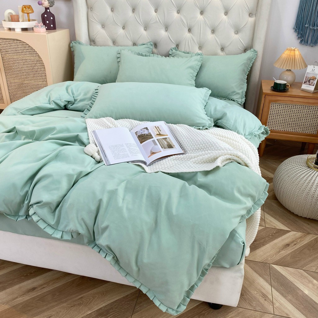 Bộ Chăn Ga Gối Cotton Tici Bèo Lidaco Cao Cấp - Xanh Ngọc