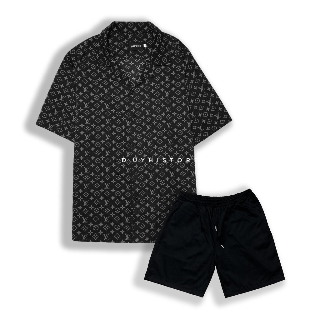 Áo sơ mi cộc tay unisex form rộng họa tiết LV ĐEN cho nam nữ | DUYHI
