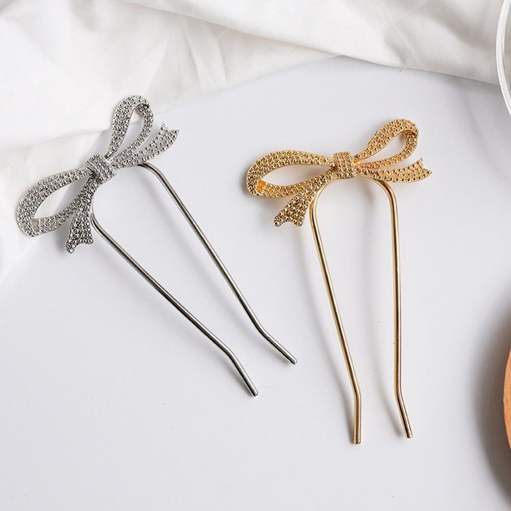 Trâm Cài Tóc Chữ U Đính Đá Hình Nơ Bằng Kim Loại Thời Trang Dành Cho Nữ S9B4