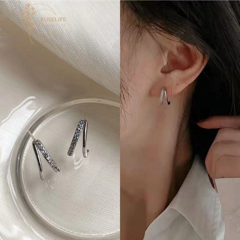 1 Đôi Bông Tai Hình Chữ C Đính Pha Lê Màu Bạc Thời Trang Cho Nữ