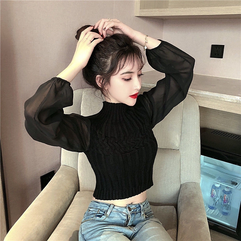 Women's White long Sleeve Croptop Sexy Knit Shirt