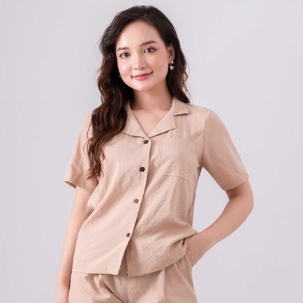 Áo sơ mi cổ V chất đũi 2 màu be, trắng