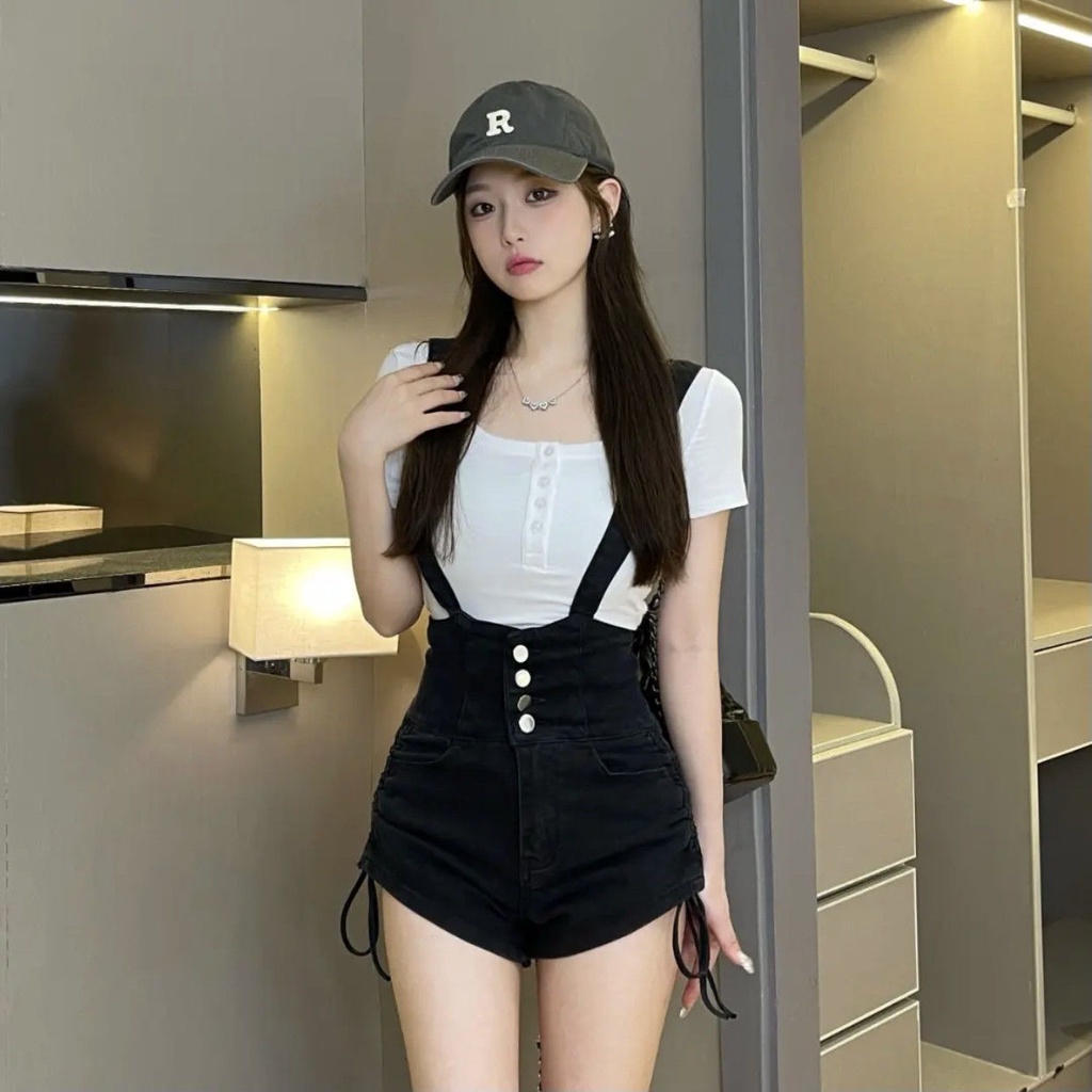Jiashucheng Quần Yếm Denim Ngắn Hai Dây Lưng Cao Dây Rút Bên Ngực Có Thể Tháo Rời Phong Cách Mùa Hè Cho Nữ