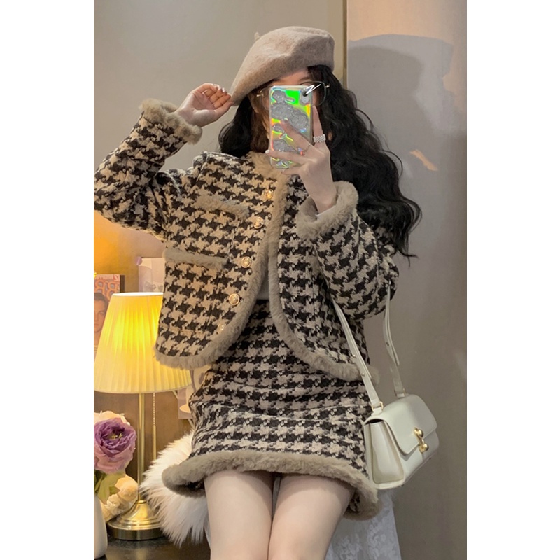 Set Dạ Tweed Viền Lông Siêu Xinh Màu Nâu Hoạ Tiết Phong Cách Hàn Quốc Thu Đông_ hàng ORDER