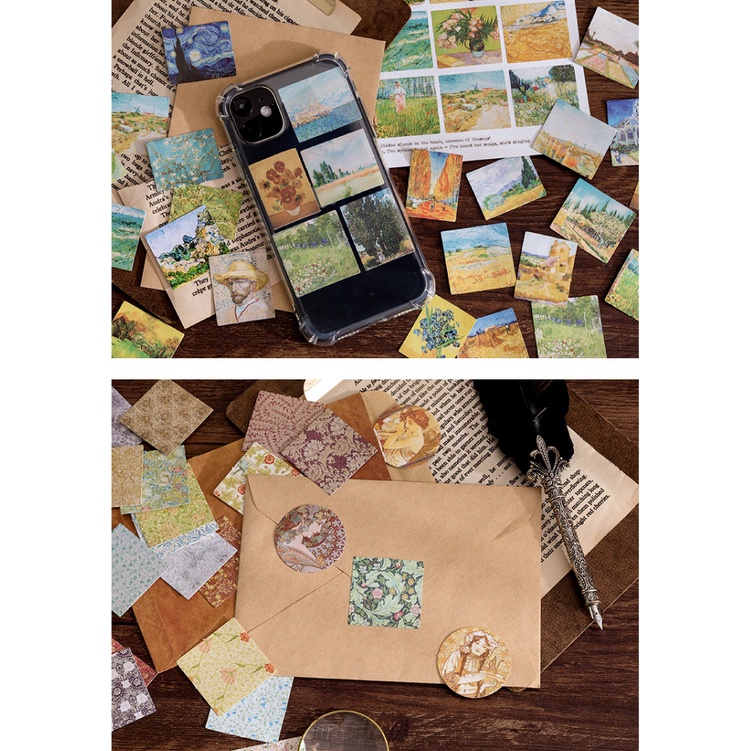 Bộ Sticker 50 Tranh nghệ thuật Van Gogh, Klimt, Monet, Matisse, Da Vinci, Hokusai Nổi Tiếng Trang Trí Bullet Journal